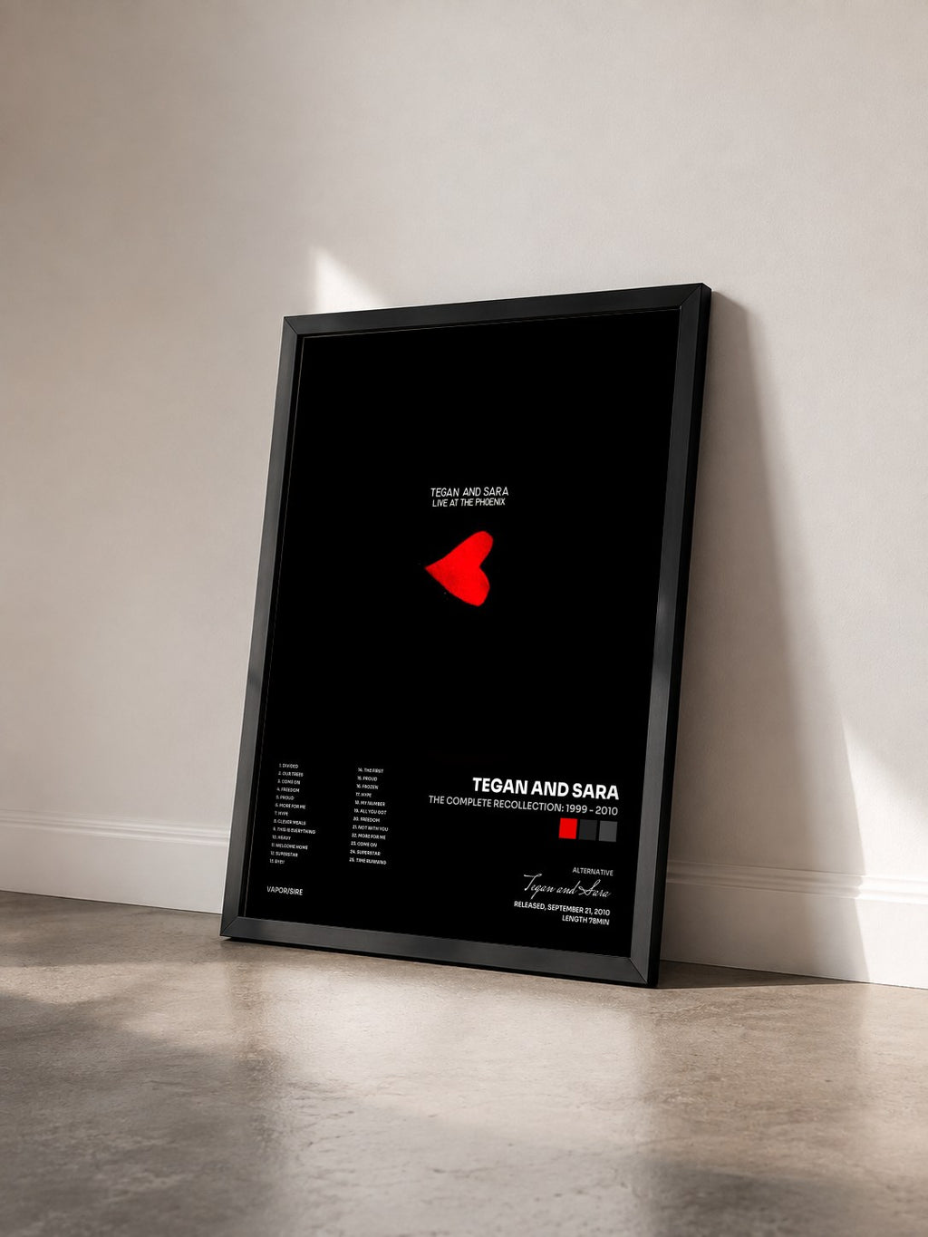 #noir Tableau de l'album The Complete Recollection: 1999 - 2010 de Tegan and Sara vu de trois quarts, cadre noir
