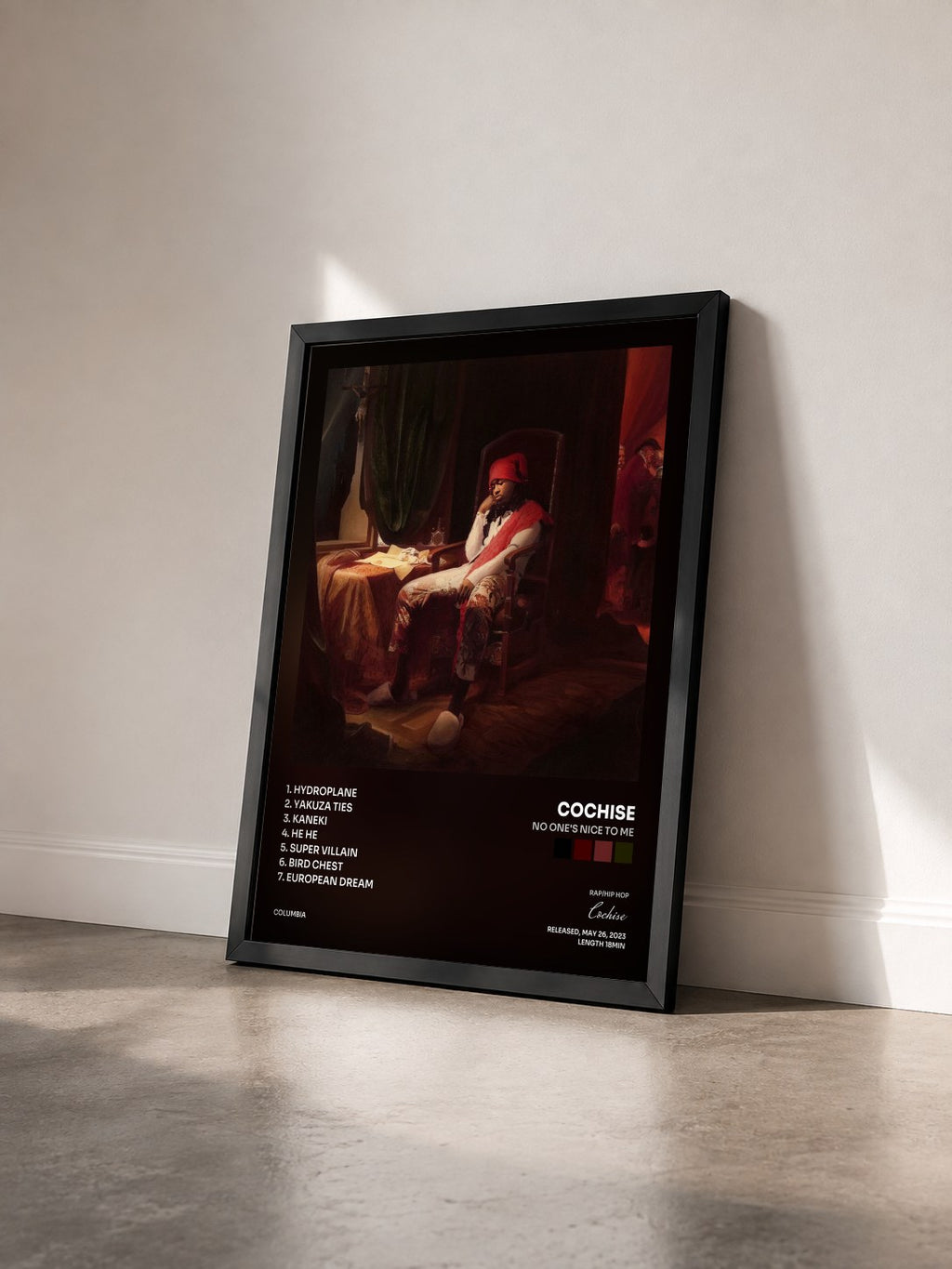 #noir Tableau de l'album NO ONE'S NICE TO ME de Cochise vu de trois quarts, cadre noir