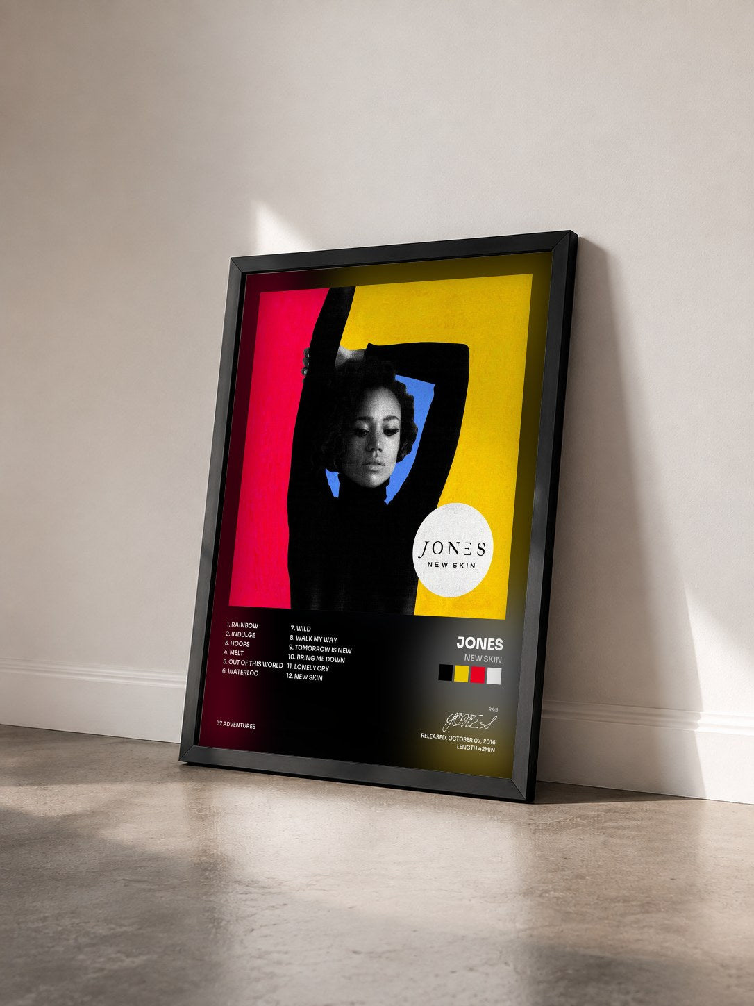 #noir Tableau de l'album New Skin de JONES vu de trois quarts, cadre noir