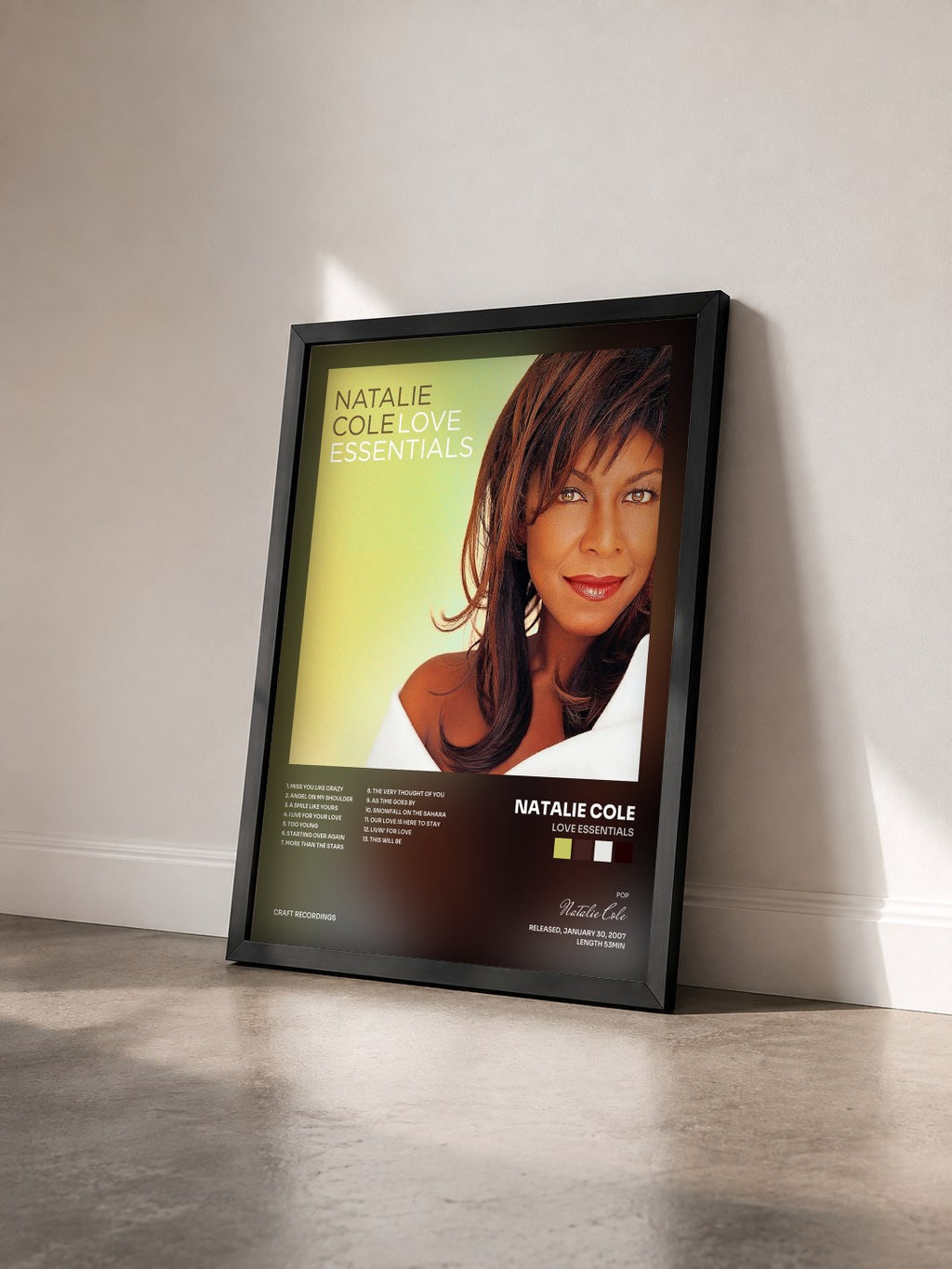 #noir Tableau de l'album Love Essentials de Natalie Cole vu de trois quarts, cadre noir