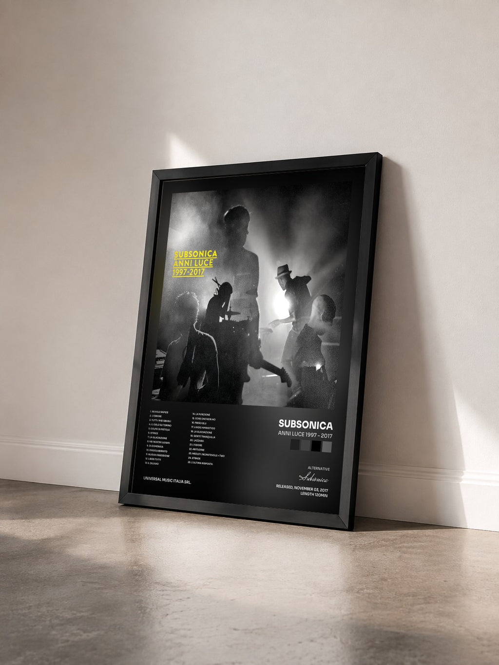#noir Tableau de l'album Anni Luce 1997 - 2017 de Subsonica vu de trois quarts, cadre noir