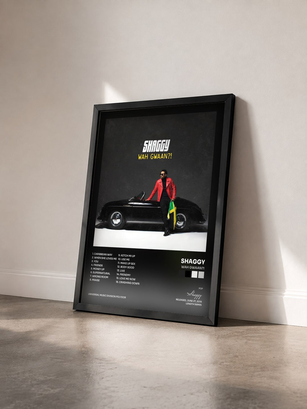 #noir Tableau de l'album Wah Gwaan?! de Shaggy vu de trois quarts, cadre noir