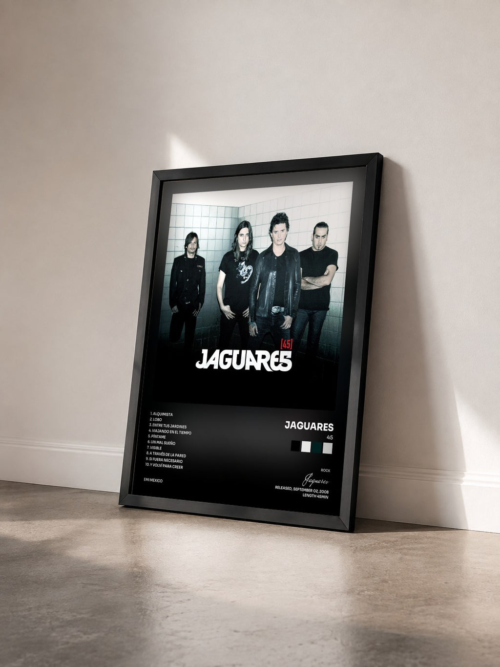 #noir Tableau de l'album 45 de Jaguares vu de trois quarts, cadre noir
