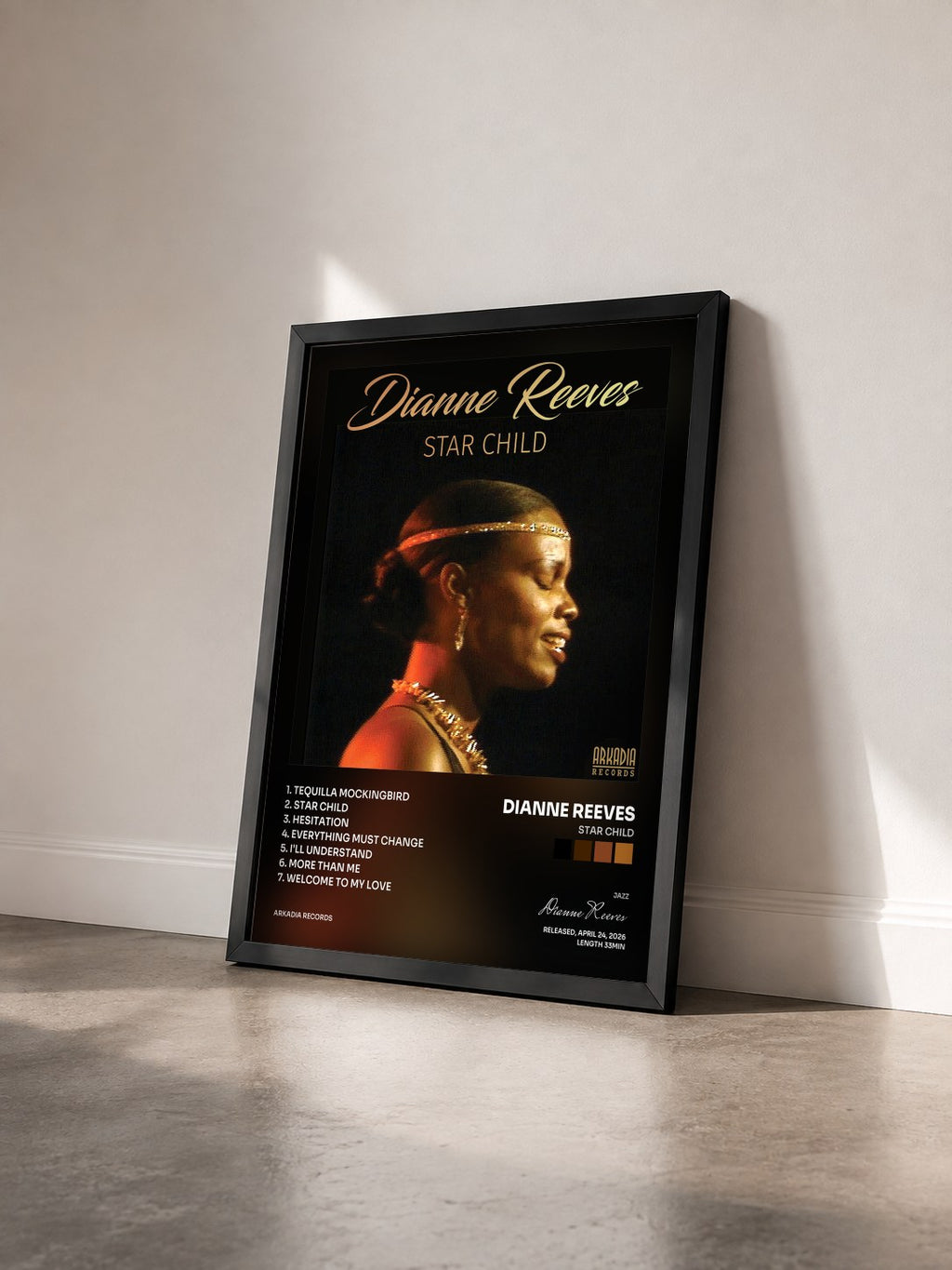 #noir Tableau de l'album Star Child de Dianne Reeves vu de trois quarts, cadre noir