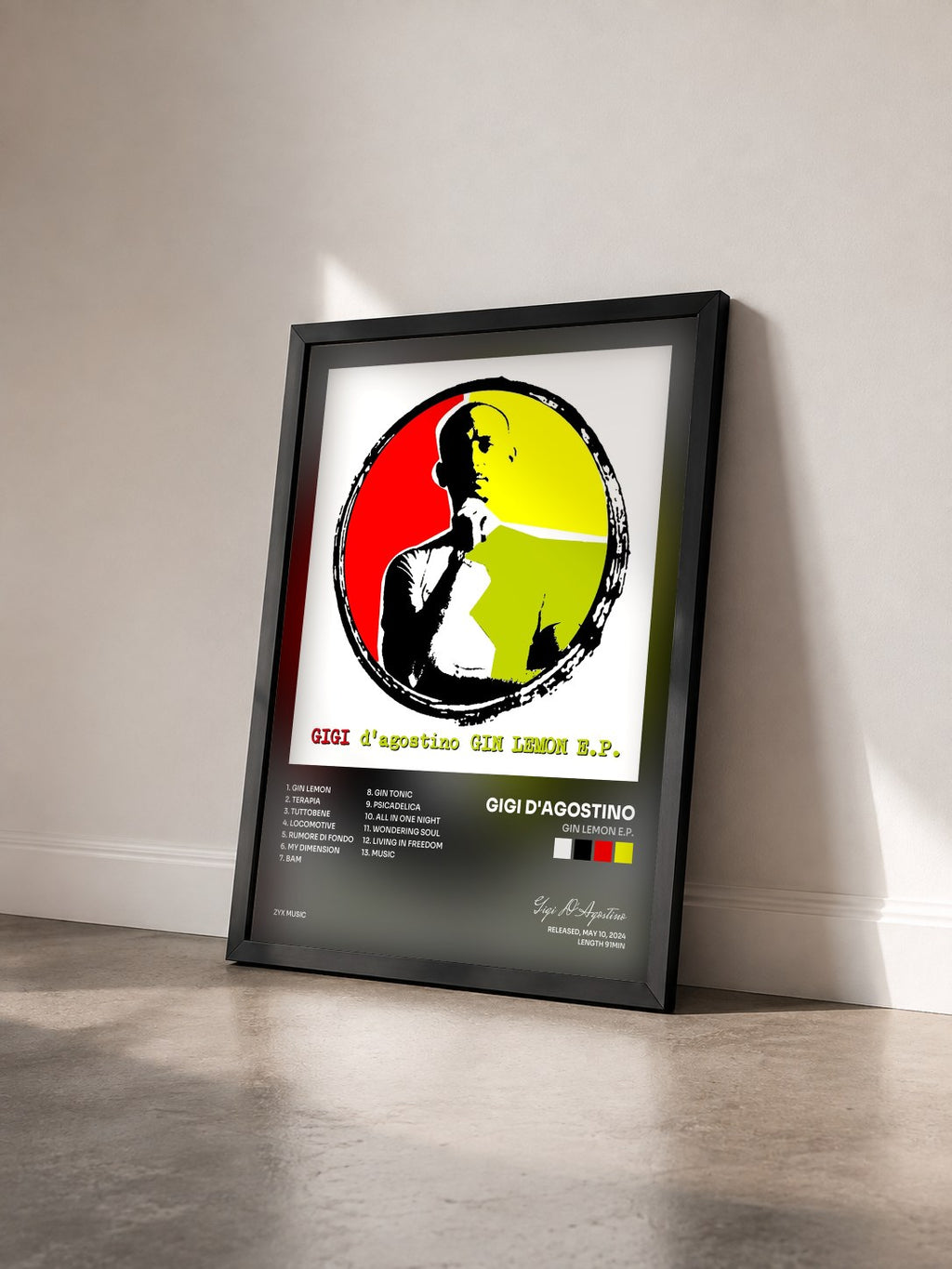 #noir Tableau de l'album Gin Lemon E.P. de Gigi D'Agostino vu de trois quarts, cadre noir
