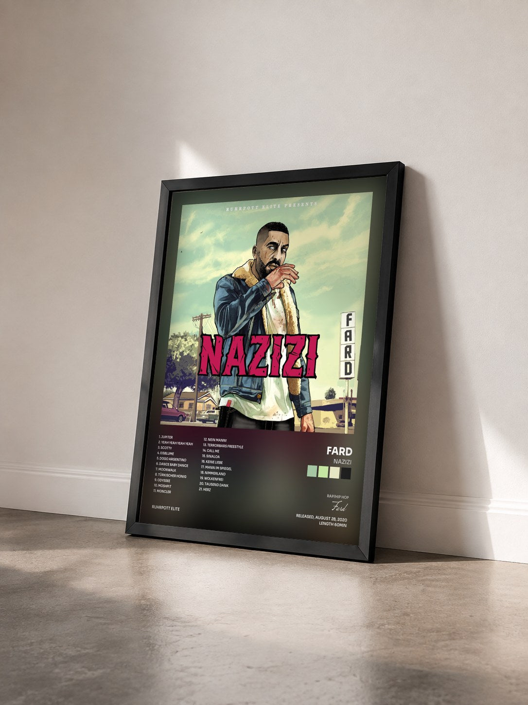 #noir Tableau de l'album NAZIZI de Fard vu de trois quarts, cadre noir