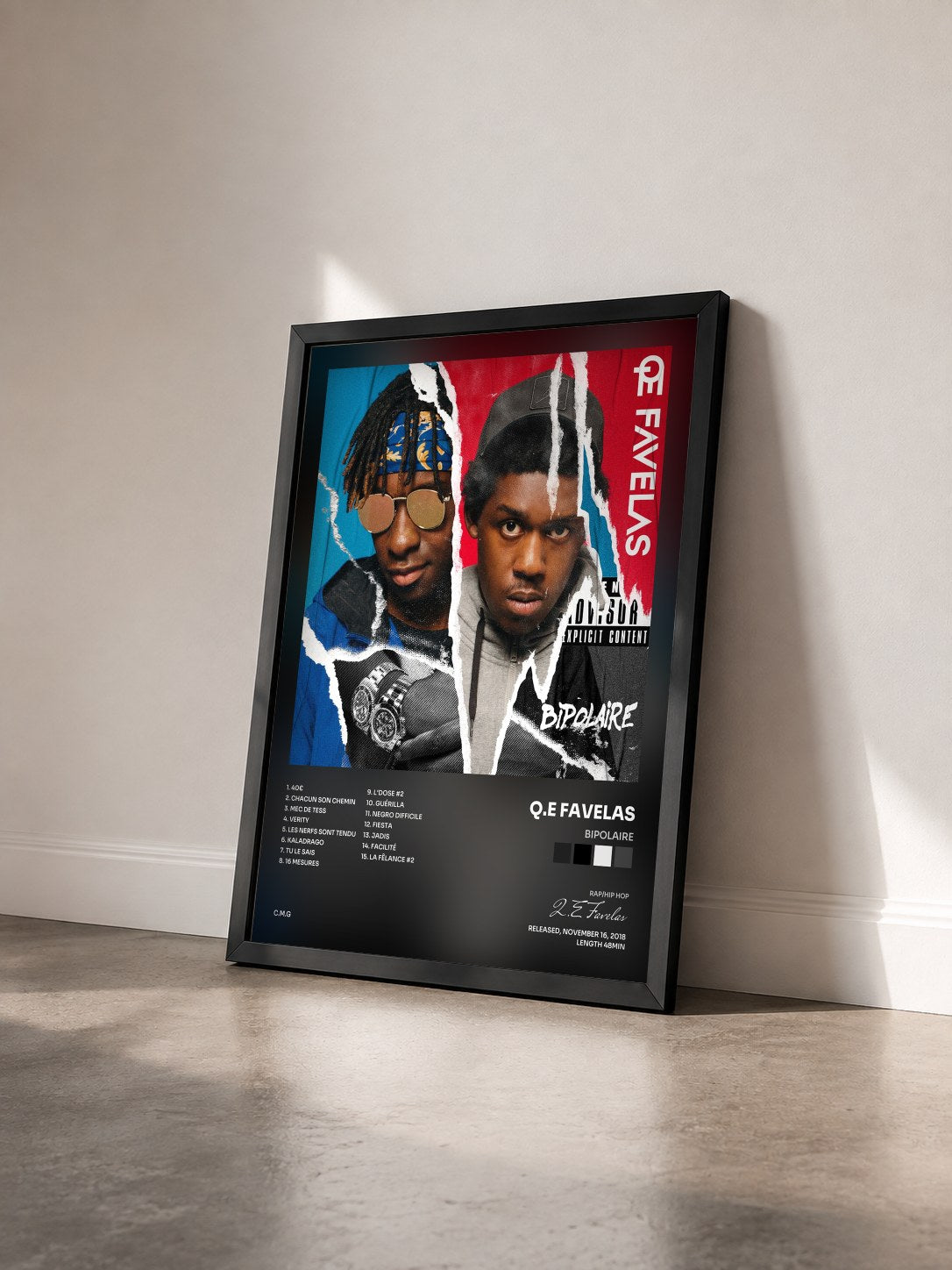 #noir Tableau de l'album Bipolaire de Q.E Favelas vu de trois quarts, cadre noir