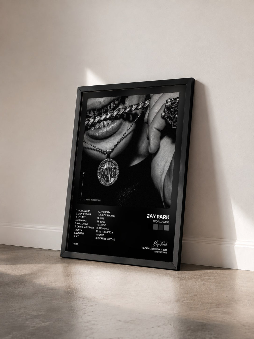 #noir Tableau de l'album WORLDWIDE de Jay Park vu de trois quarts, cadre noir