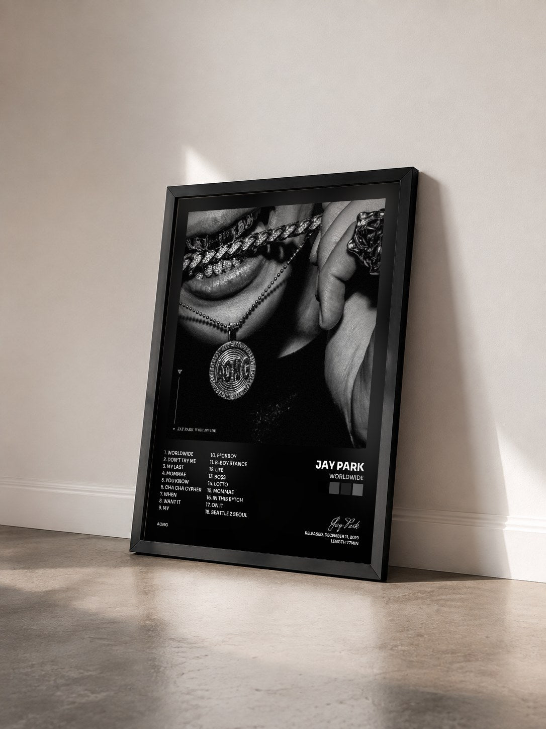 #noir Tableau de l'album WORLDWIDE de Jay Park vu de trois quarts, cadre noir