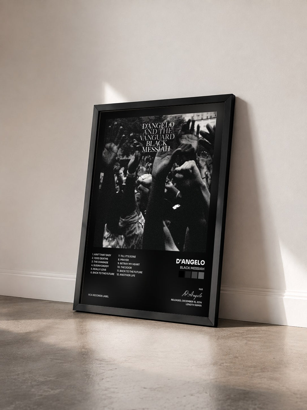 #noir Tableau de l'album Black Messiah de D'Angelo vu de trois quarts, cadre noir