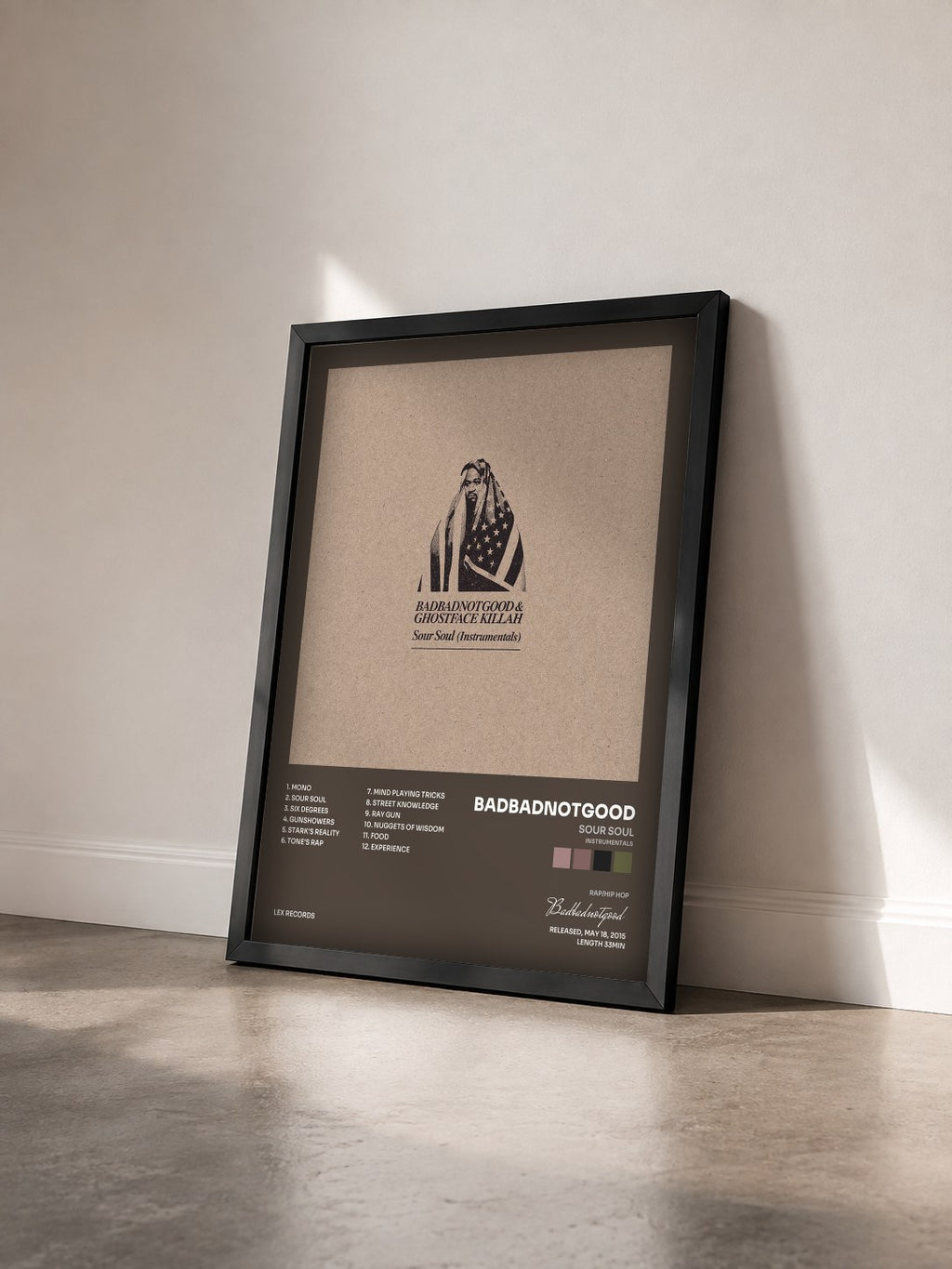 #noir Tableau de l'album Sour Soul (Instrumentals) de Badbadnotgood vu de trois quarts, cadre noir