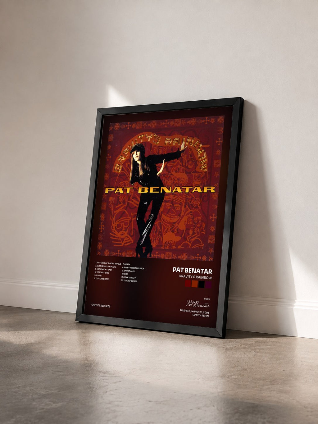 #noir Tableau de l'album Gravity's Rainbow de Pat Benatar vu de trois quarts, cadre noir