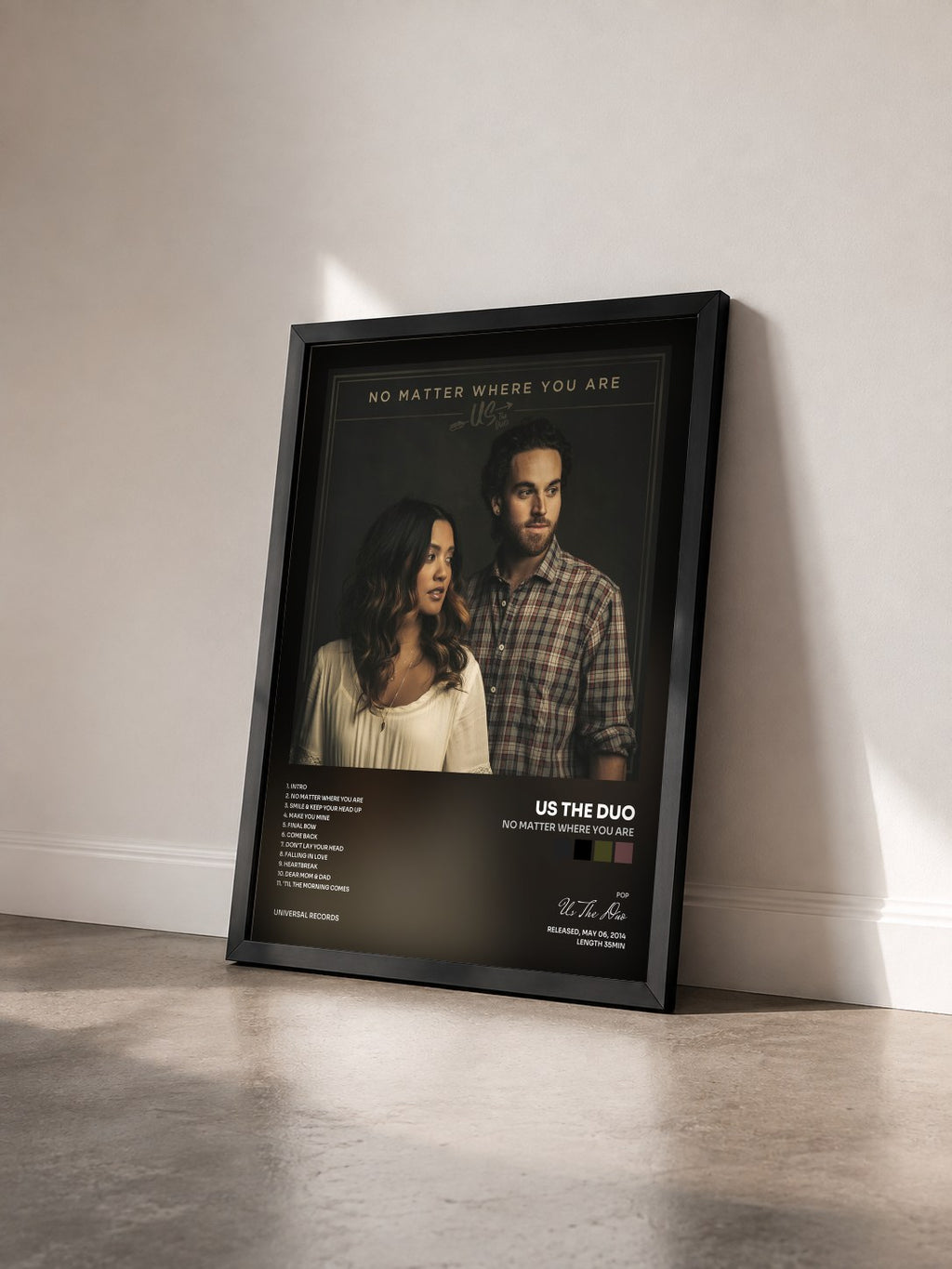 #noir Tableau de l'album No Matter Where You Are de Us The Duo vu de trois quarts, cadre noir