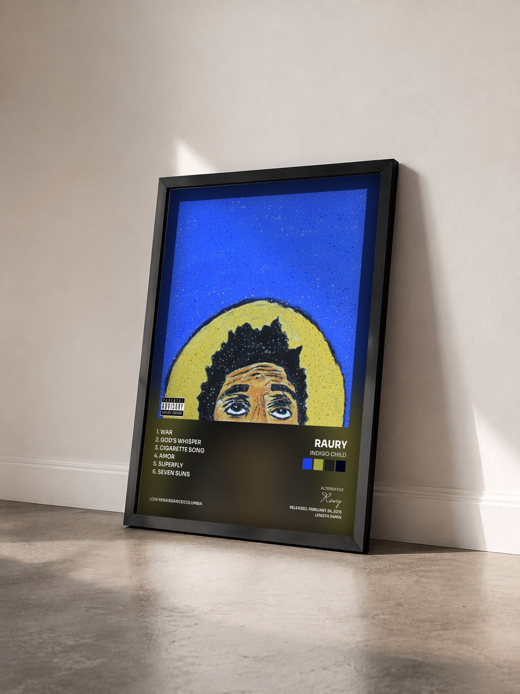 #noir Tableau de l'album Indigo Child de Raury vu de trois quarts, cadre noir