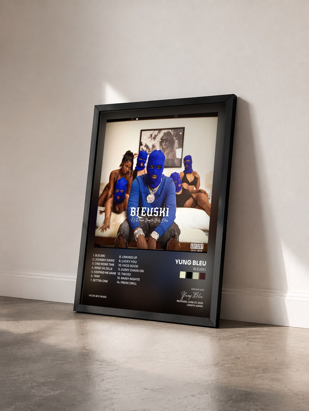 #noir Tableau de l'album Bleuski de Yung Bleu vu de trois quarts, cadre noir