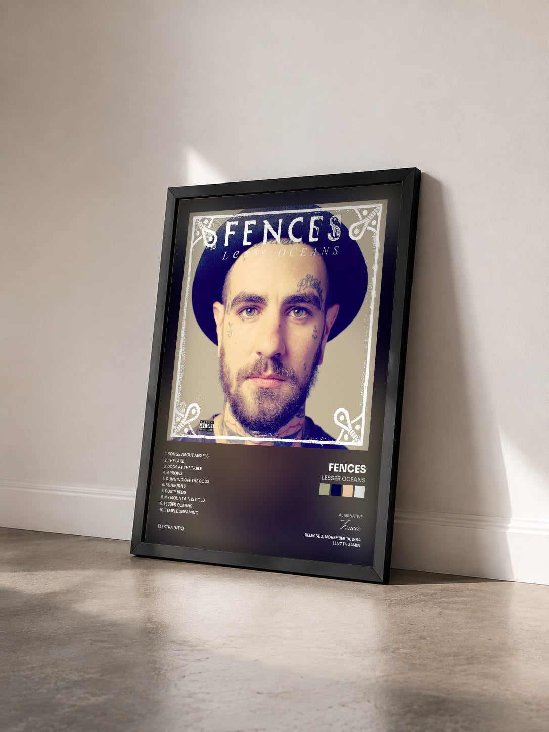 #noir Tableau de l'album Lesser Oceans de Fences vu de trois quarts, cadre noir