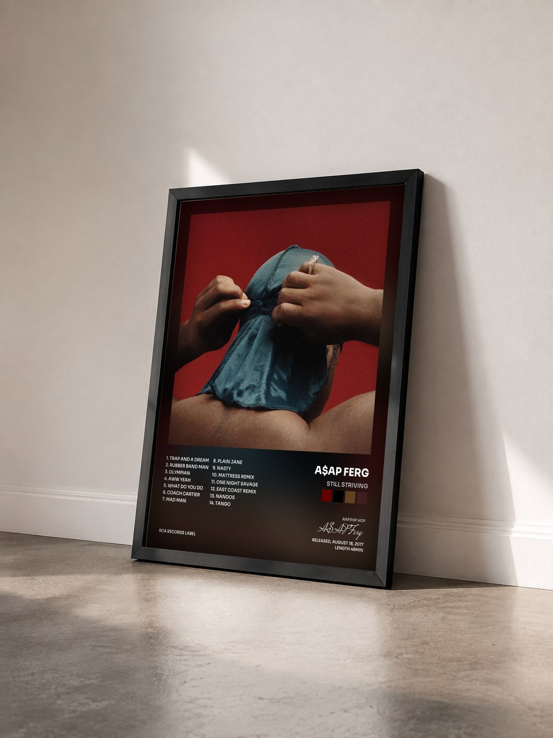 #noir Tableau de l'album Still Striving de A$AP Ferg vu de trois quarts, cadre noir