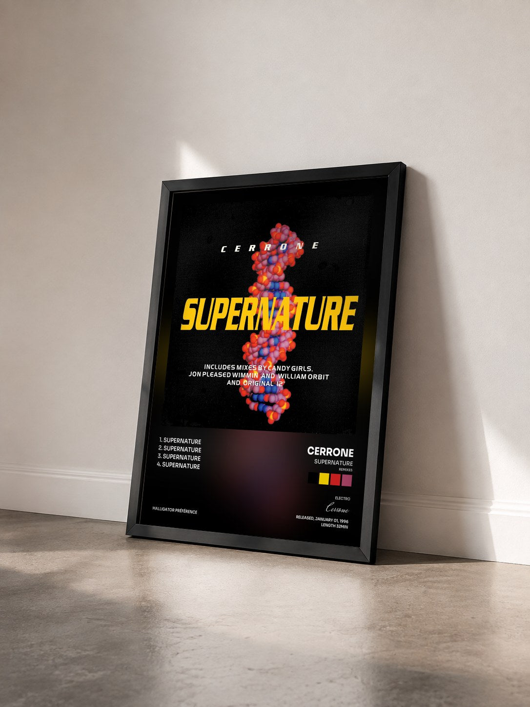 #noir Tableau de l'album Supernature (Remixes) de Cerrone vu de trois quarts, cadre noir