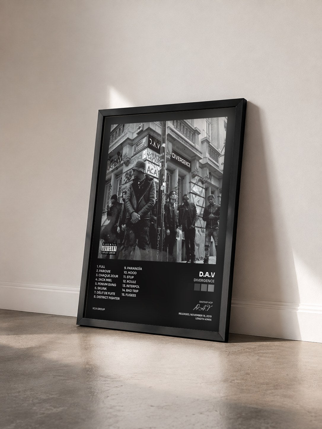 #noir Tableau de l'album Divergence de D.A.V vu de trois quarts, cadre noir