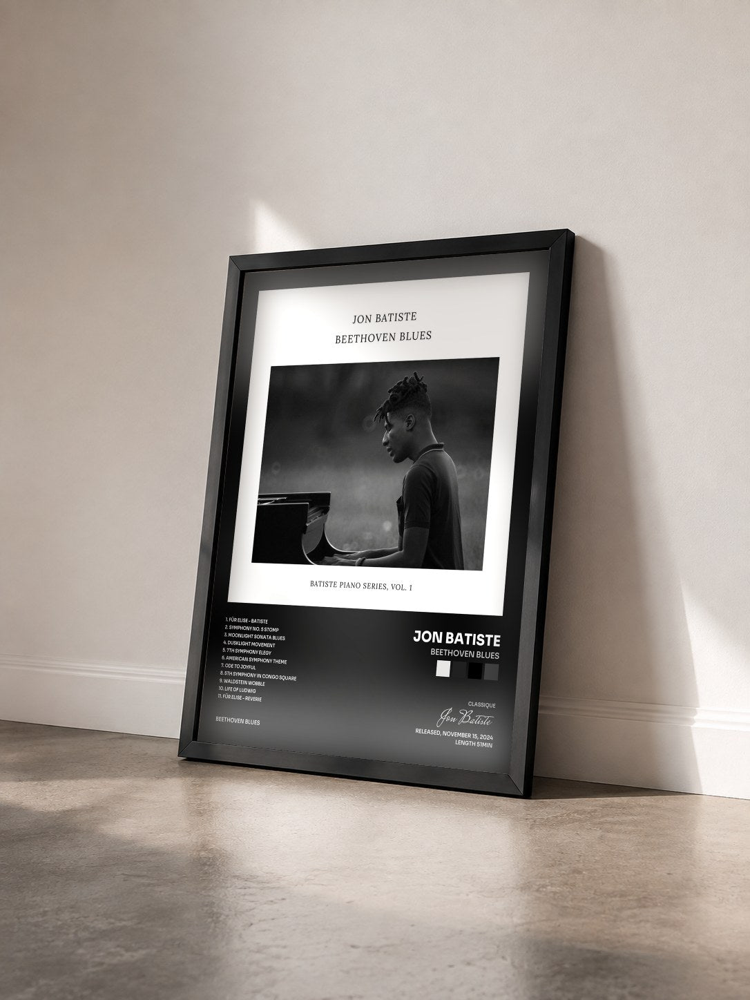 #noir Tableau de l'album Beethoven Blues de Jon Batiste vu de trois quarts, cadre noir