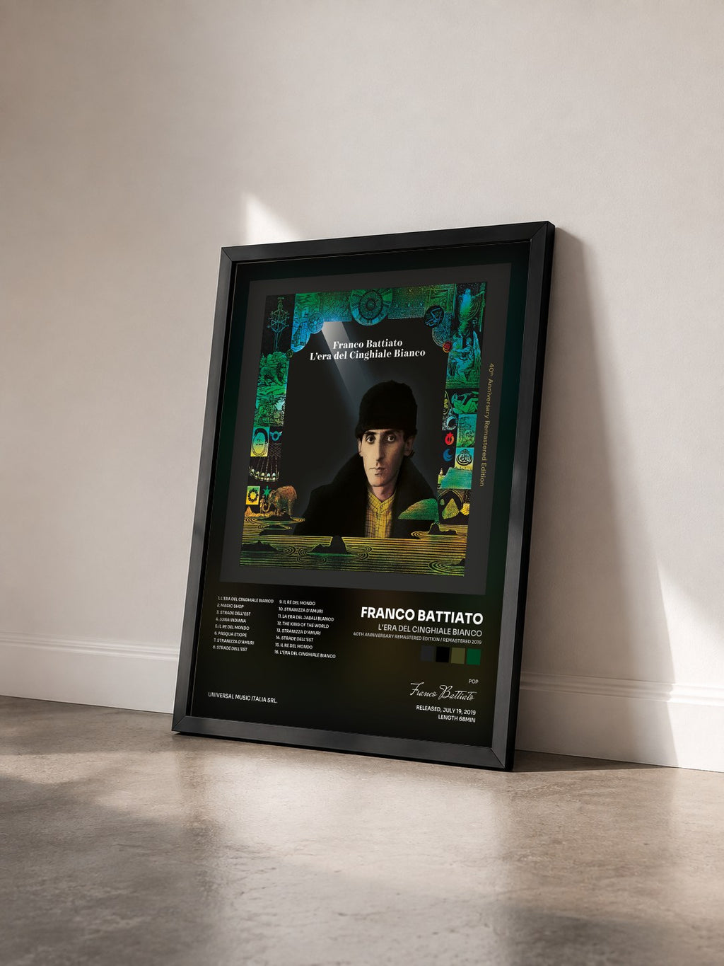 #noir Tableau de l'album L'Era Del Cinghiale Bianco (40th Anniversary Remastered Edition / Remastered 2019) de Franco Battiato vu de trois quarts, cadre noir