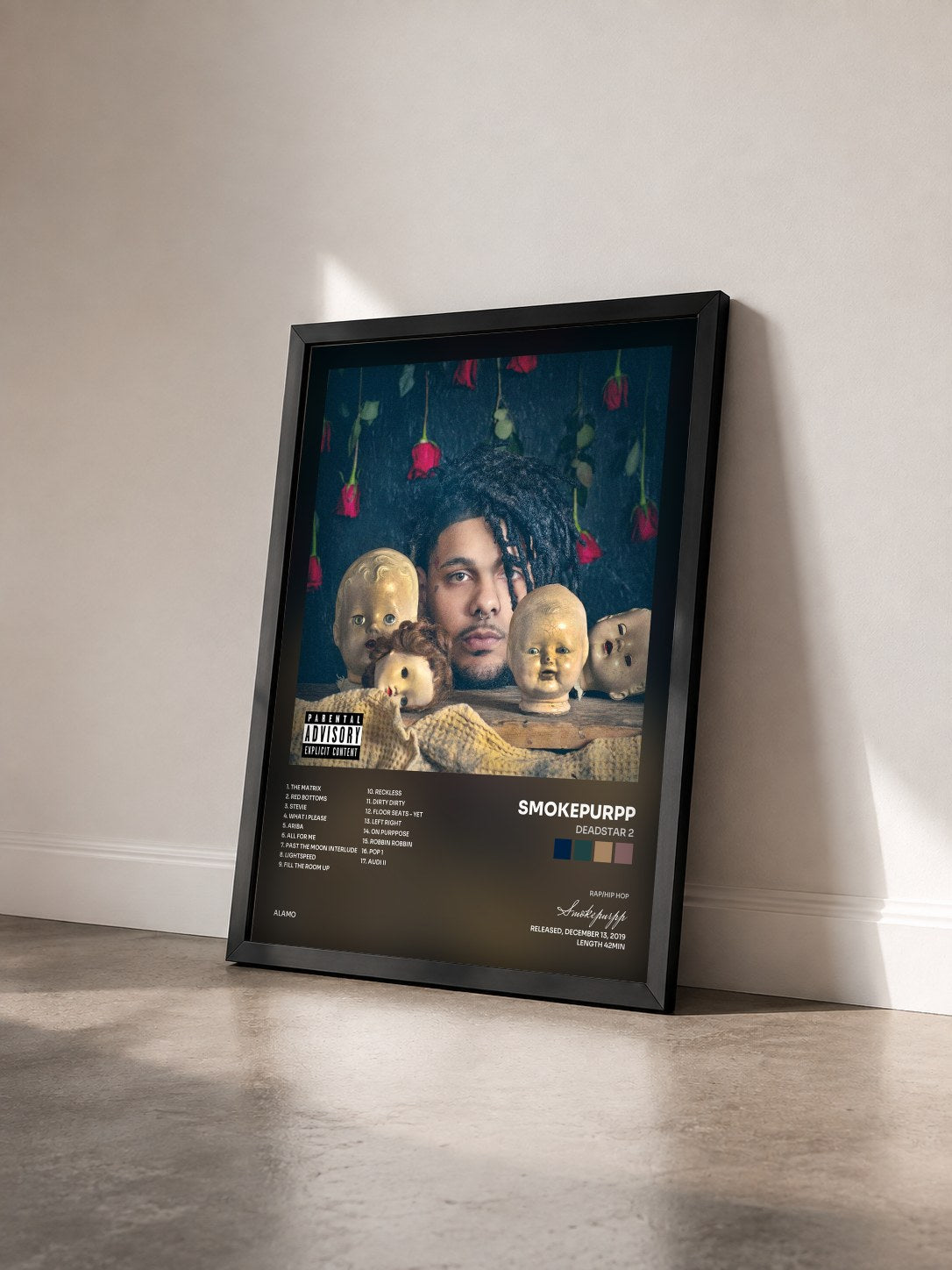 #noir Tableau de l'album Deadstar 2 de Smokepurpp vu de trois quarts, cadre noir