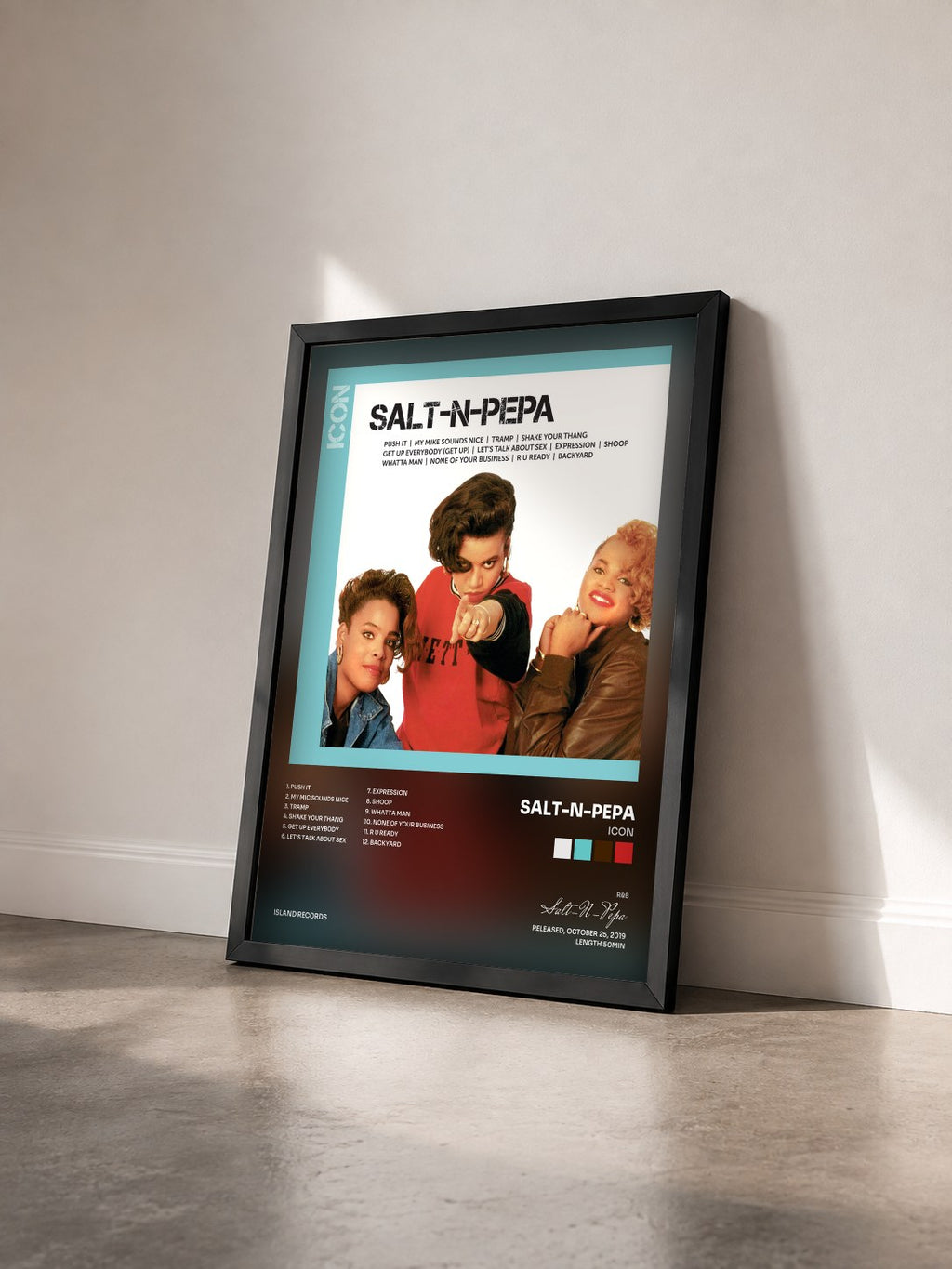 #noir Tableau de l'album ICON de Salt-N-Pepa vu de trois quarts, cadre noir