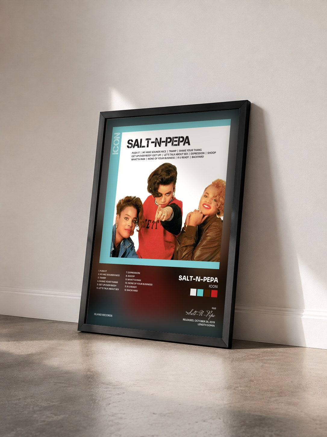 #noir Tableau de l'album ICON de Salt-N-Pepa vu de trois quarts, cadre noir