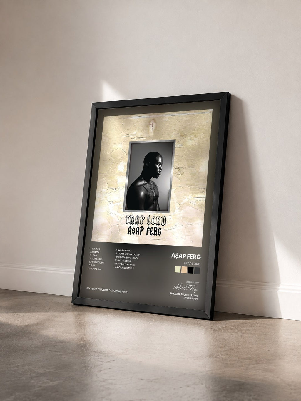 #noir Tableau de l'album Trap Lord de A$AP Ferg vu de trois quarts, cadre noir