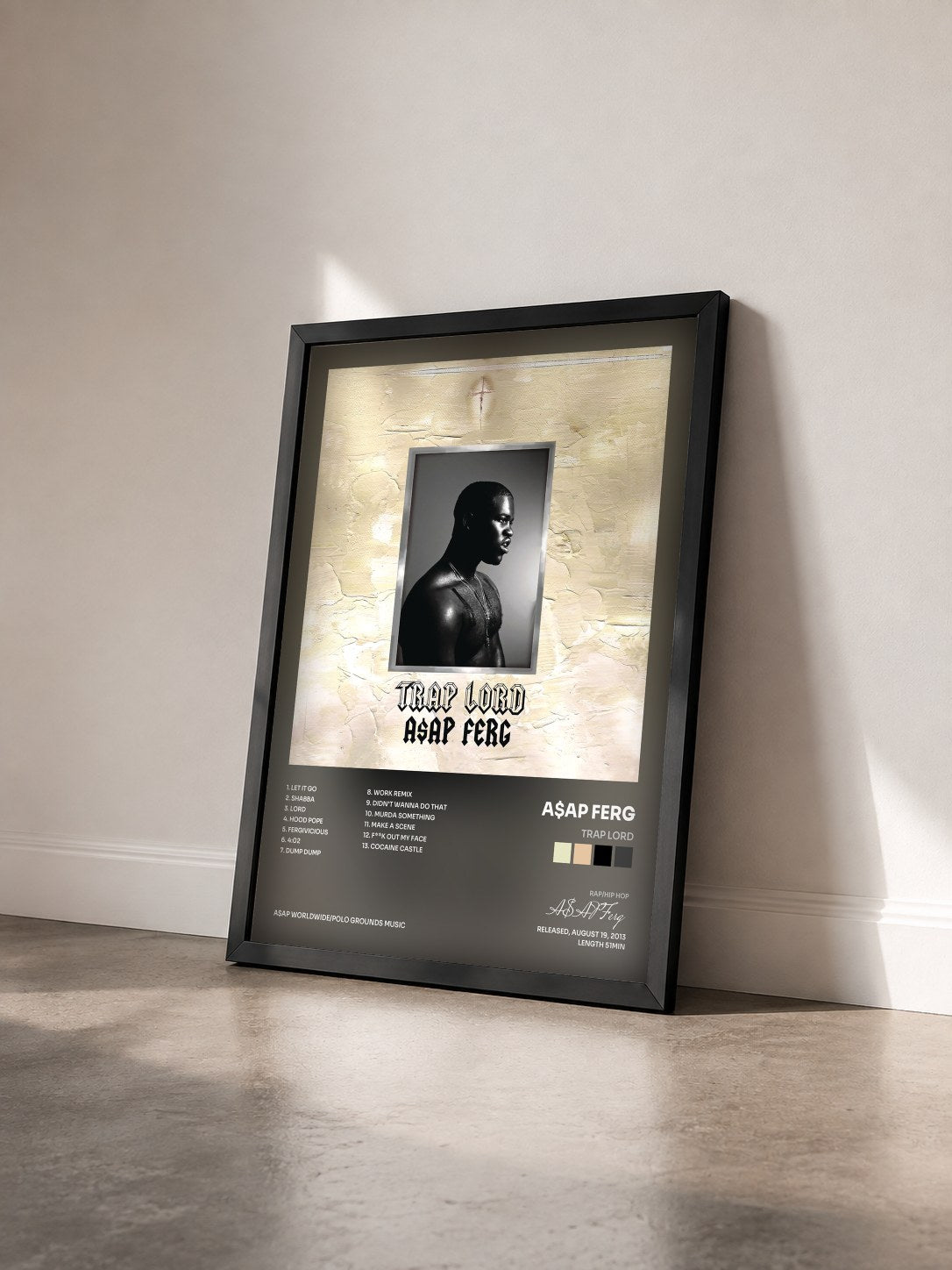 #noir Tableau de l'album Trap Lord de A$AP Ferg vu de trois quarts, cadre noir