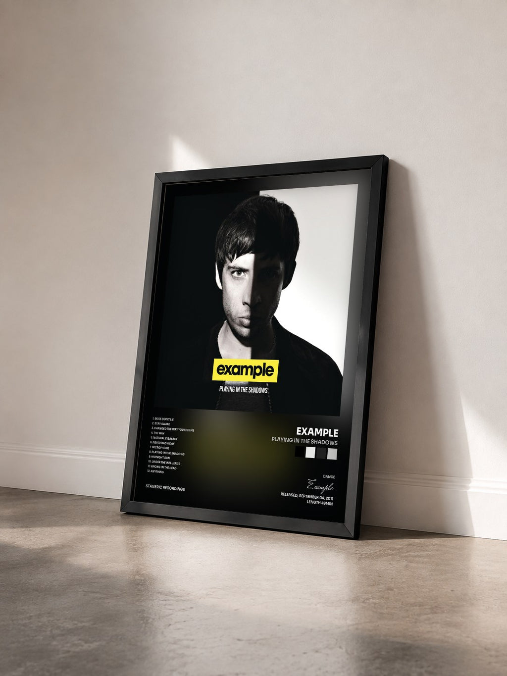 #noir Tableau de l'album Playing In The Shadows de Example vu de trois quarts, cadre noir