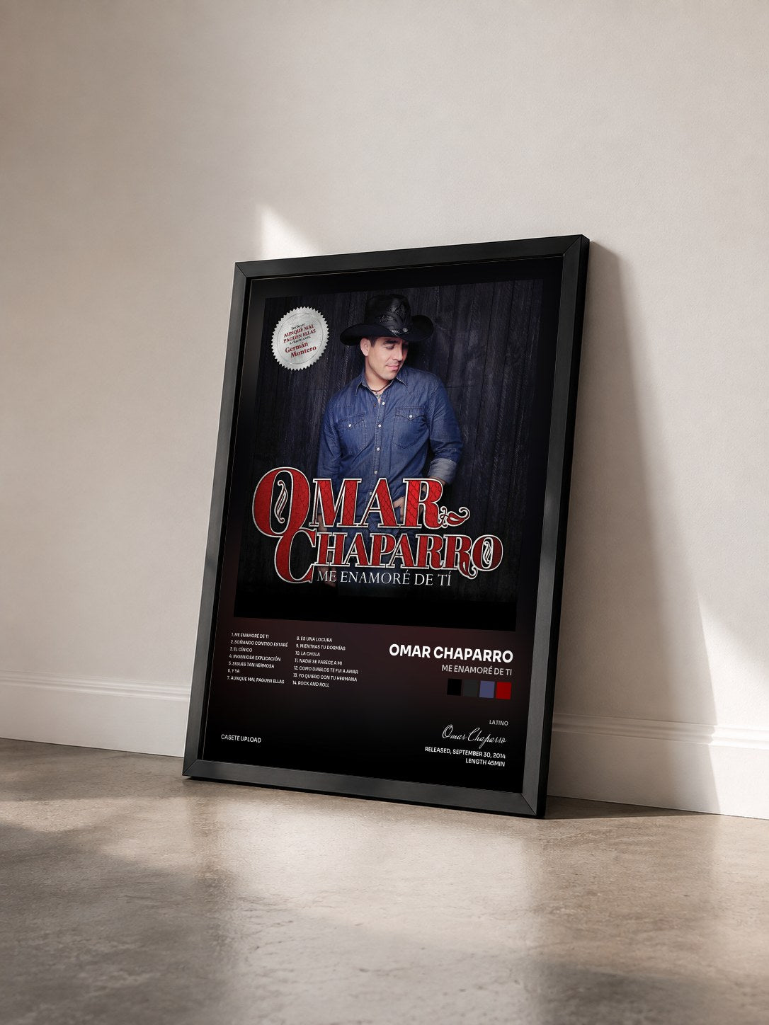 #noir Tableau de l'album Me enamoré de ti de Omar Chaparro vu de trois quarts, cadre noir
