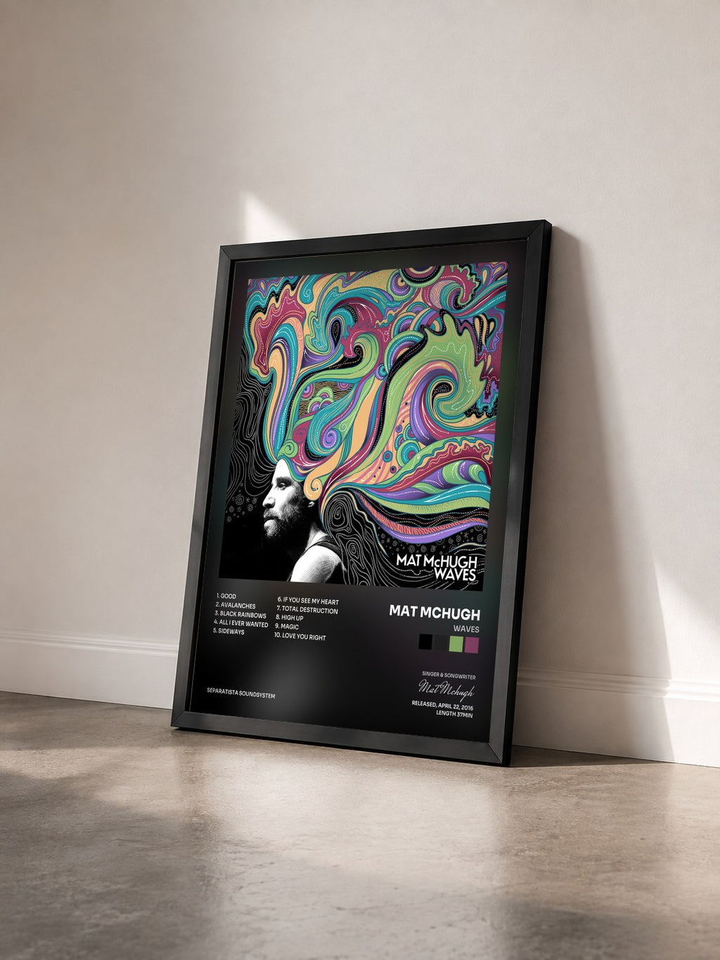 #noir Tableau de l'album WAVES de Mat Mchugh vu de trois quarts, cadre noir