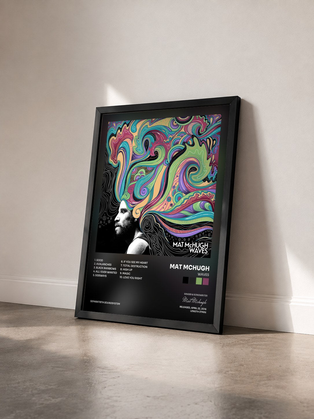 #noir Tableau de l'album WAVES de Mat Mchugh vu de trois quarts, cadre noir