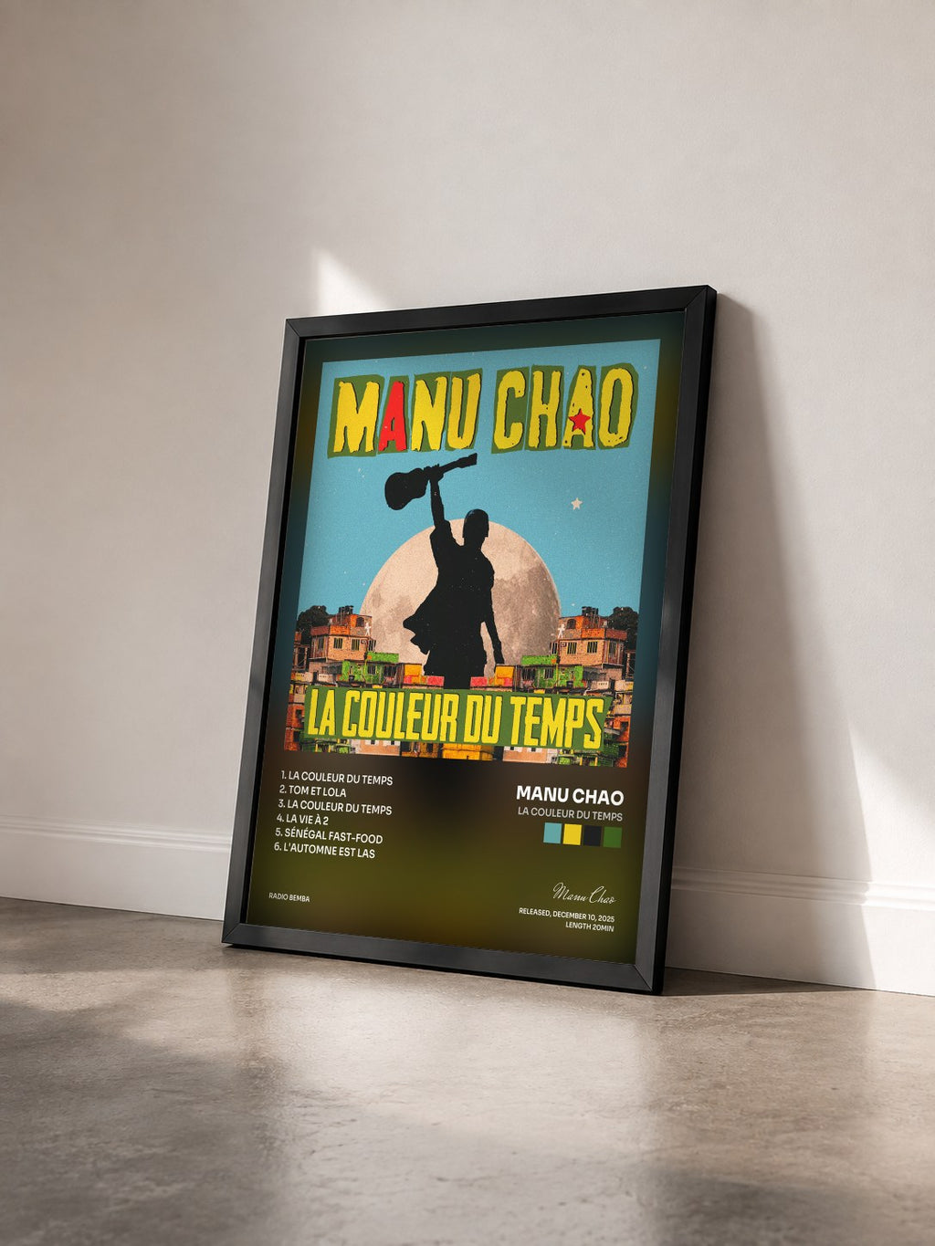 #noir Tableau de l'album La Couleur du Temps de Manu Chao vu de trois quarts, cadre noir