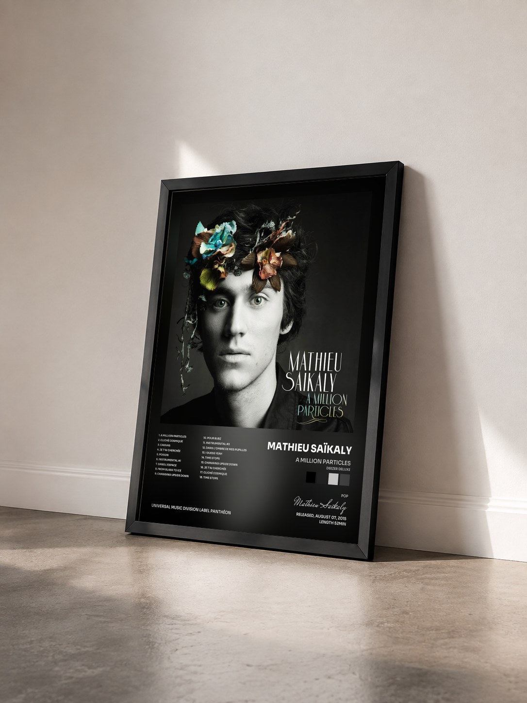 #noir Tableau de l'album A Million Particles (Deezer Deluxe) de Mathieu Saïkaly vu de trois quarts, cadre noir