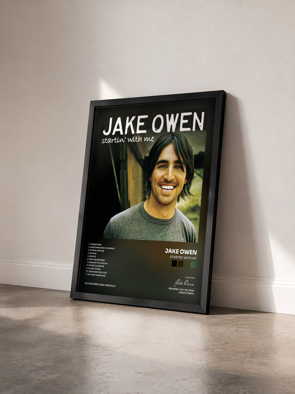 #noir Tableau de l'album Startin' With Me de Jake Owen vu de trois quarts, cadre noir