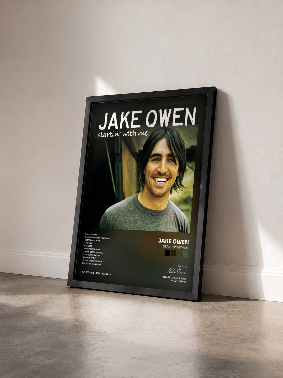 #noir Tableau de l'album Startin' With Me de Jake Owen vu de trois quarts, cadre noir