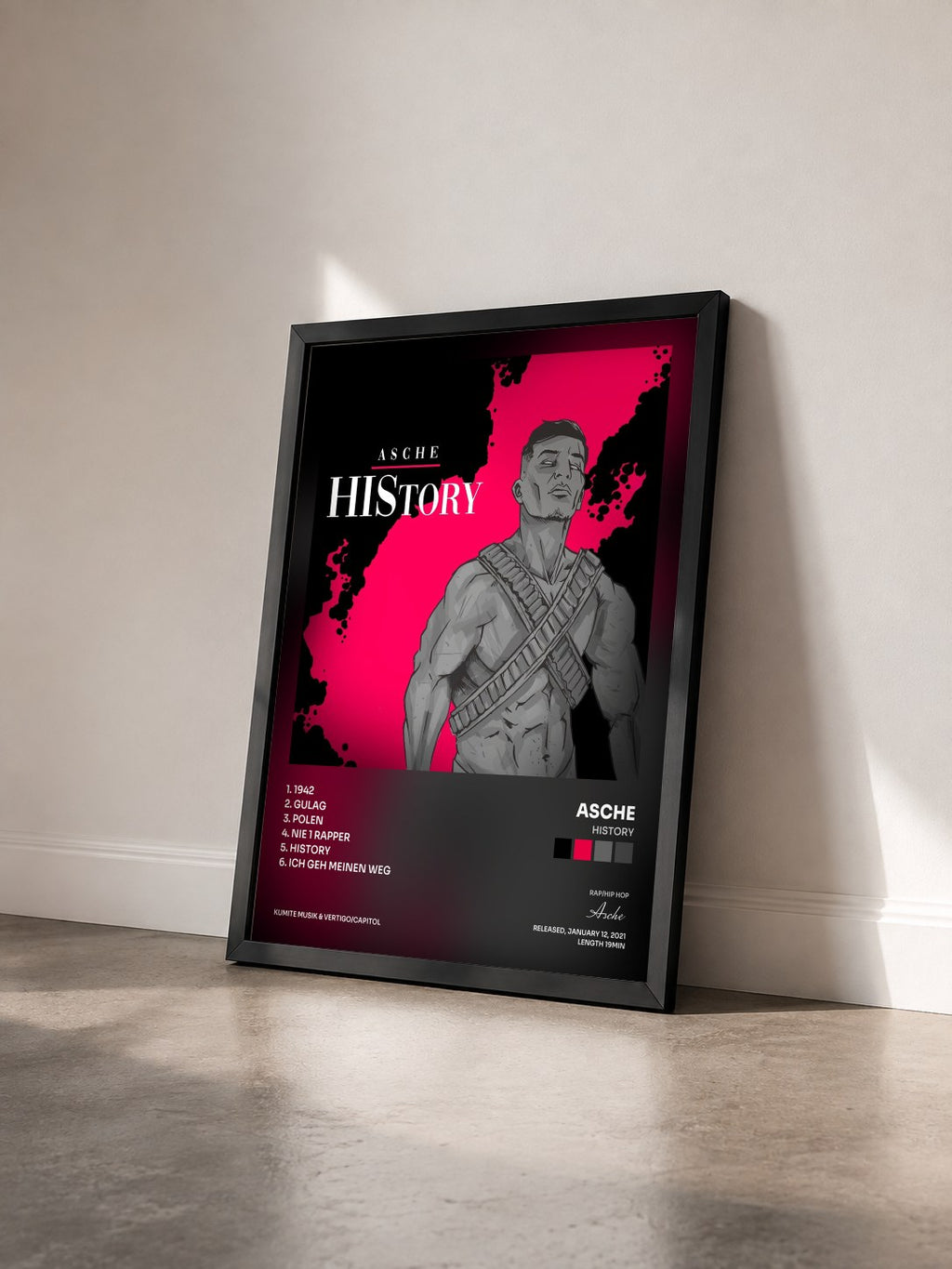#noir Tableau de l'album HIStory de Asche vu de trois quarts, cadre noir