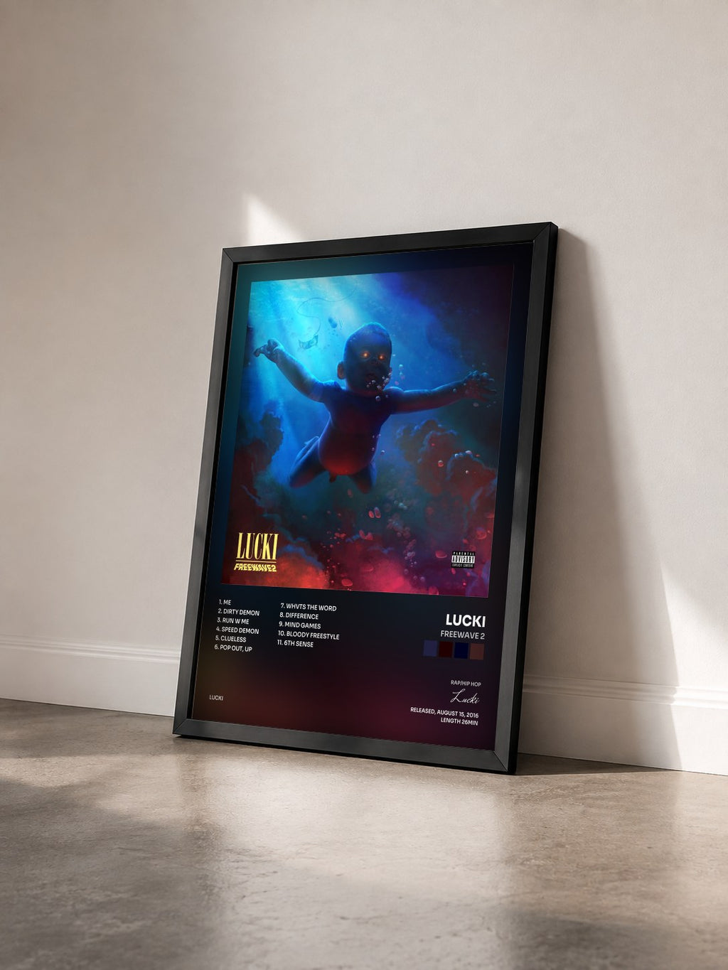 #noir Tableau de l'album Freewave 2 de Lucki vu de trois quarts, cadre noir