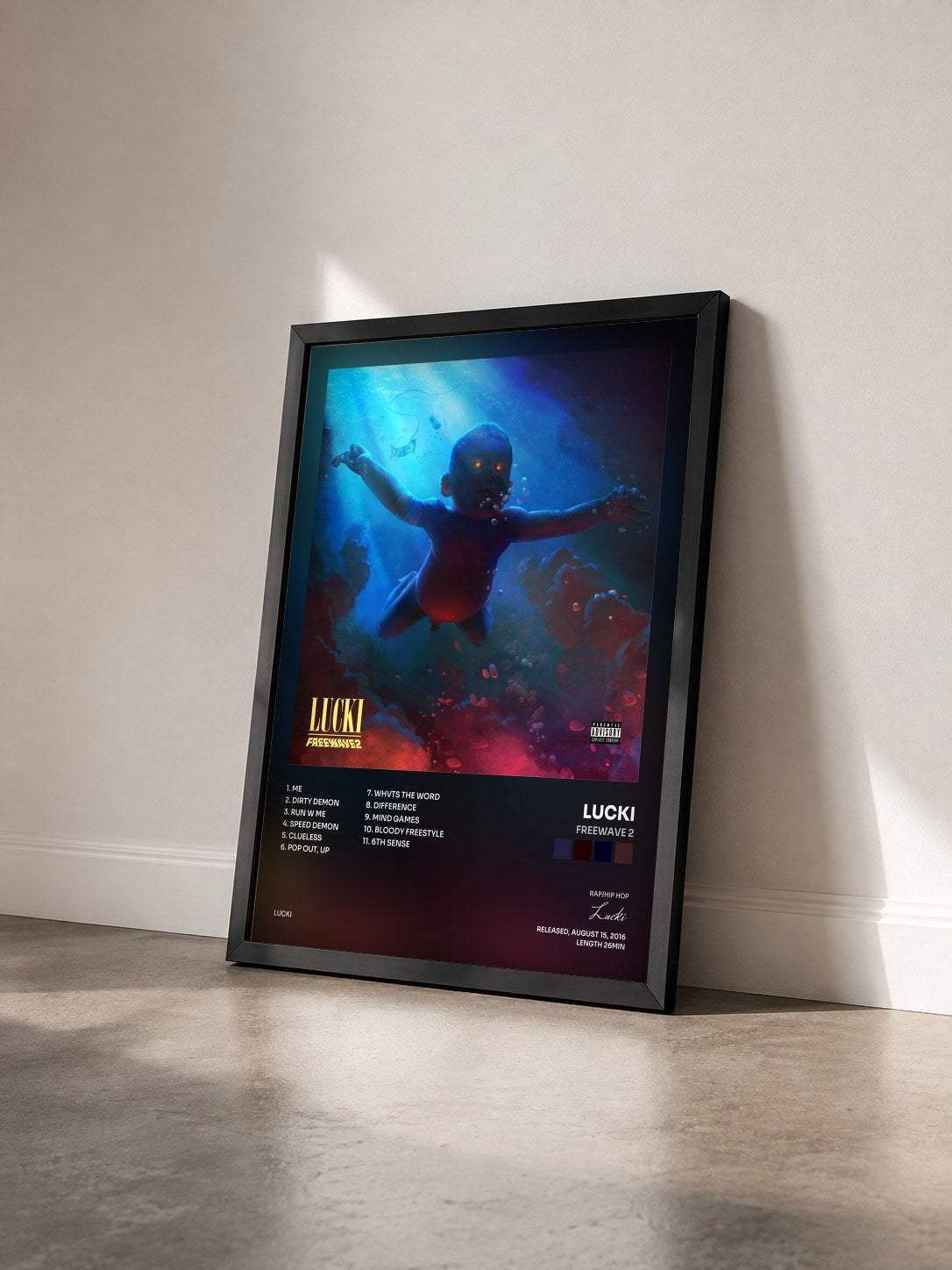 #noir Tableau de l'album Freewave 2 de Lucki vu de trois quarts, cadre noir