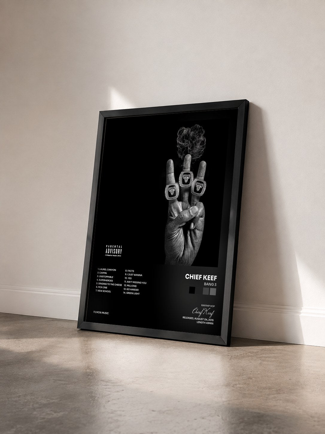 #noir Tableau de l'album Bang 3 de Chief Keef vu de trois quarts, cadre noir