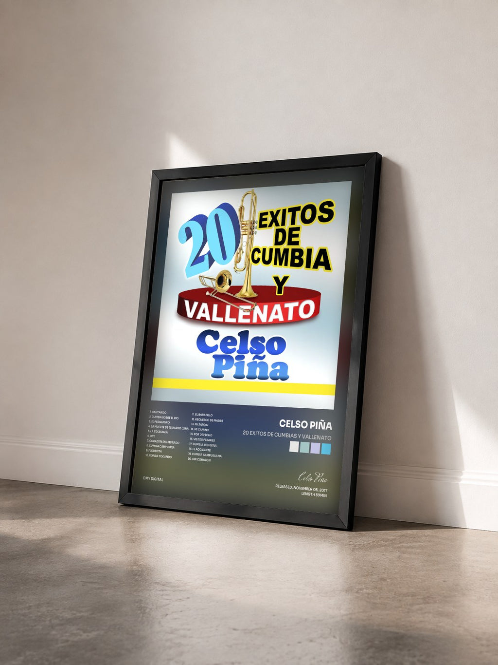 #noir Tableau de l'album 20 Exitos De Cumbias Y Vallenato de Celso Piña vu de trois quarts, cadre noir