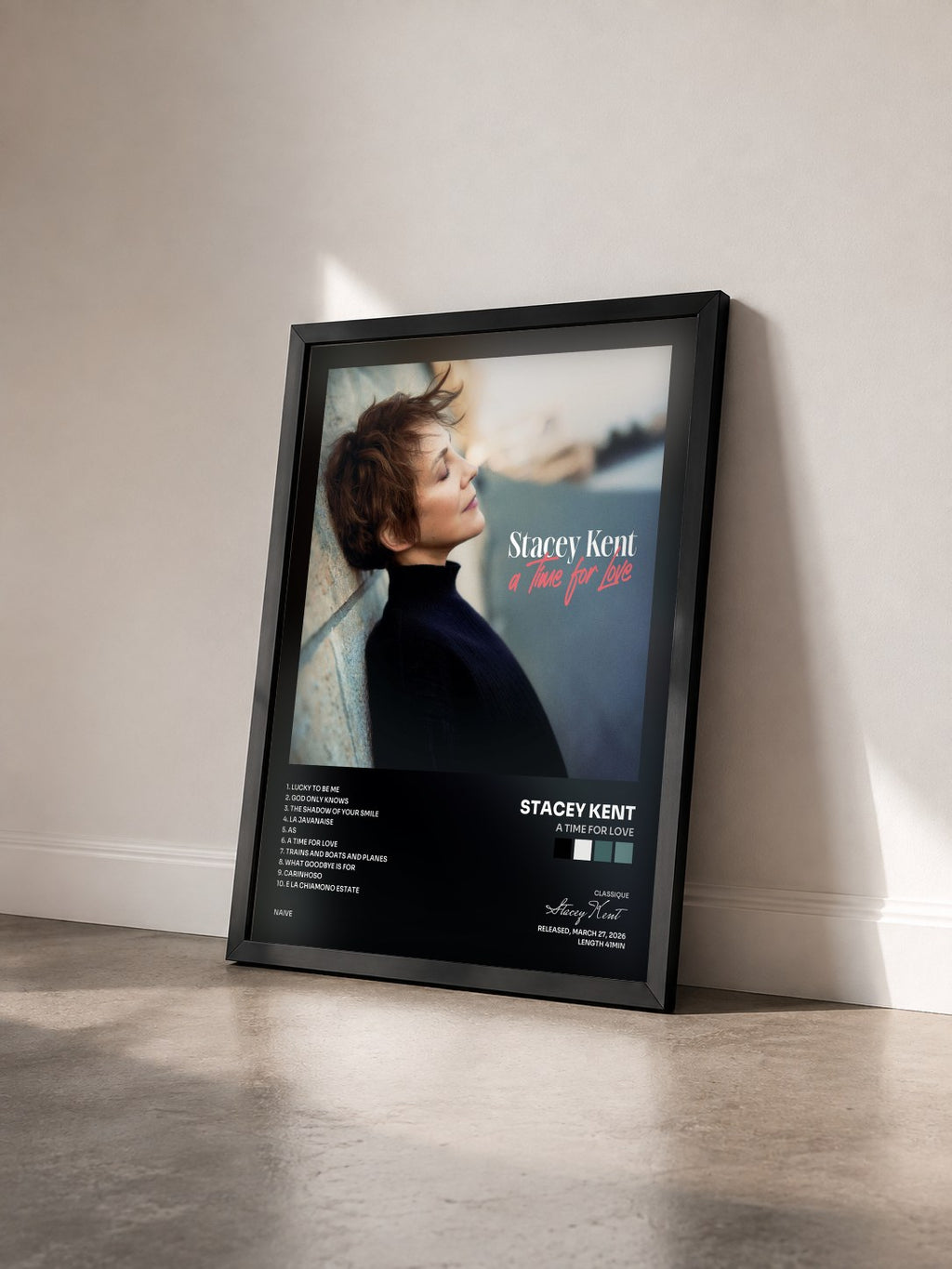#noir Tableau de l'album A Time For Love de Stacey Kent vu de trois quarts, cadre noir
