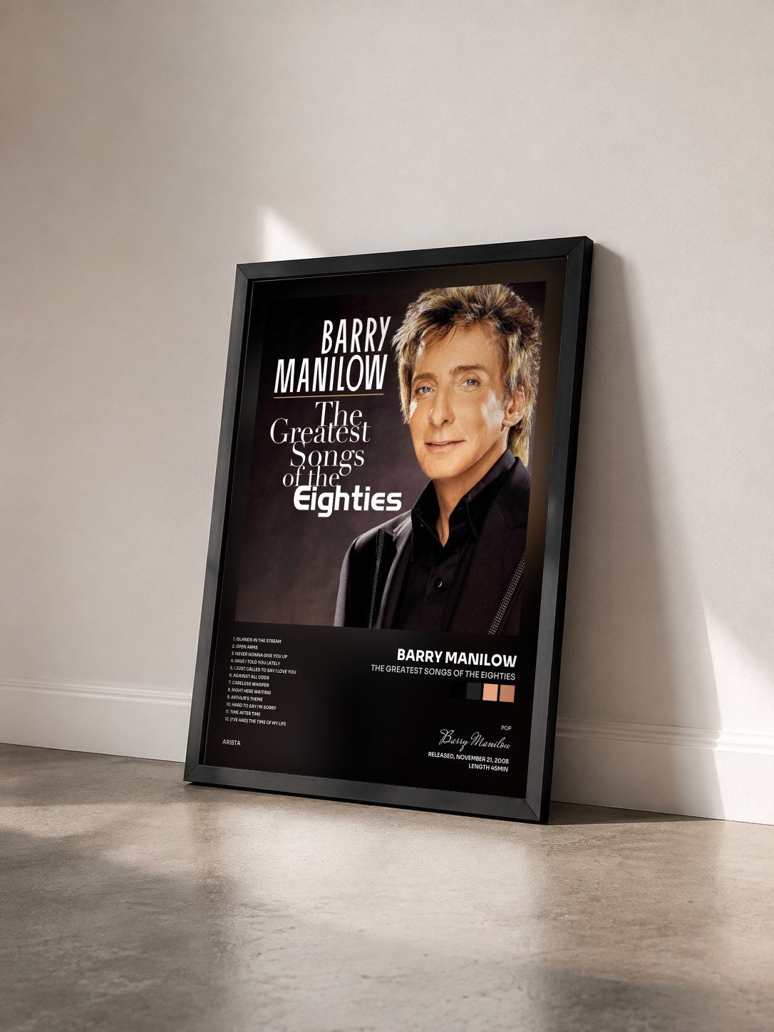 #noir Tableau de l'album The Greatest Songs Of The Eighties de Barry Manilow vu de trois quarts, cadre noir