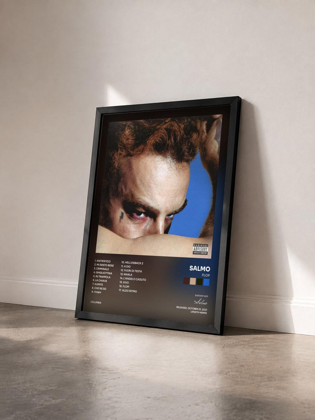 #noir Tableau de l'album FLOP de Salmo vu de trois quarts, cadre noir
