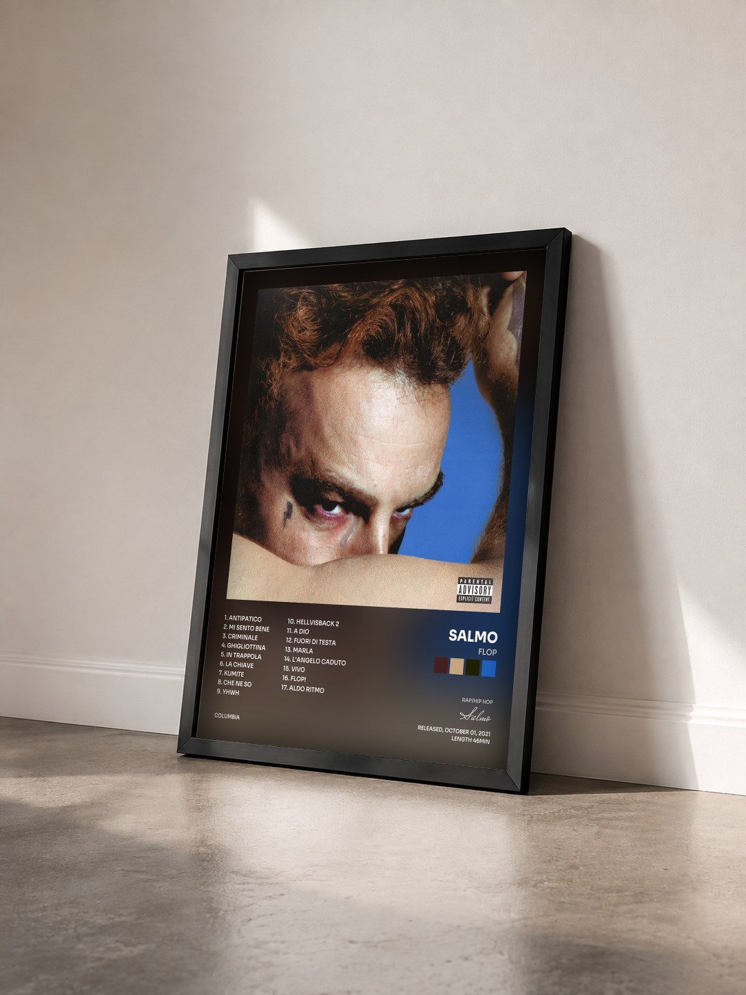 #noir Tableau de l'album FLOP de Salmo vu de trois quarts, cadre noir