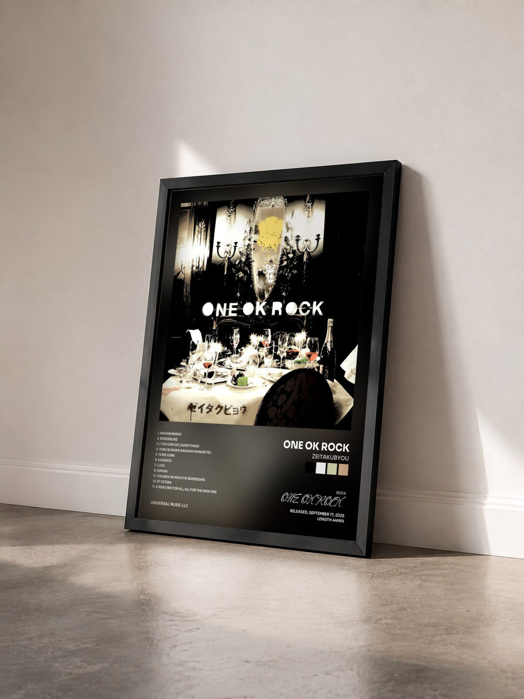 #noir Tableau de l'album Zeitakubyou de ONE OK ROCK vu de trois quarts, cadre noir