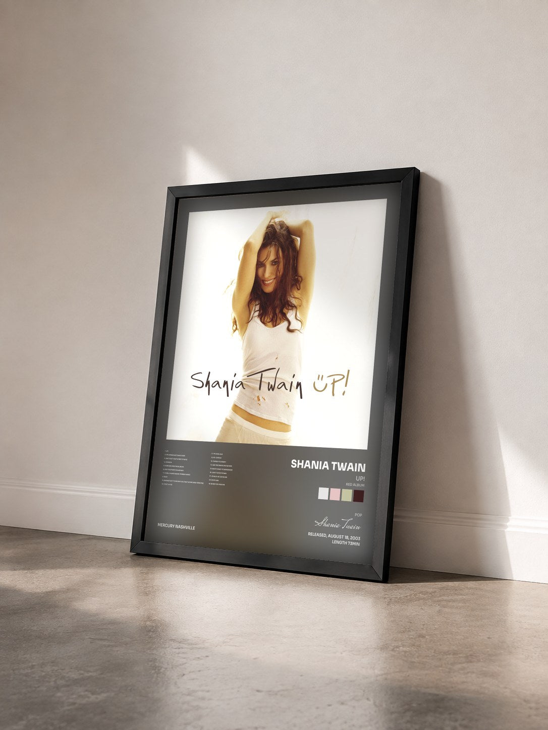 #noir Tableau de l'album Up! (Red Album) de Shania Twain vu de trois quarts, cadre noir