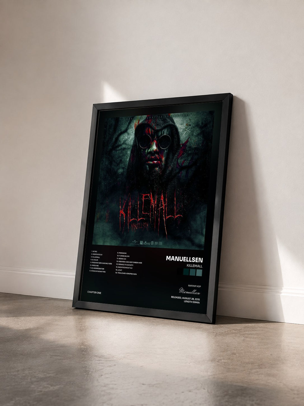 #noir Tableau de l'album Killemall de Manuellsen vu de trois quarts, cadre noir